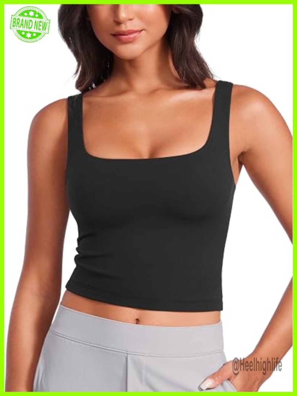 Butterluxe Double Lined Square Neck Tank Top - Sleeveless Yoga Fit Crop Top - Picture 1 of 6